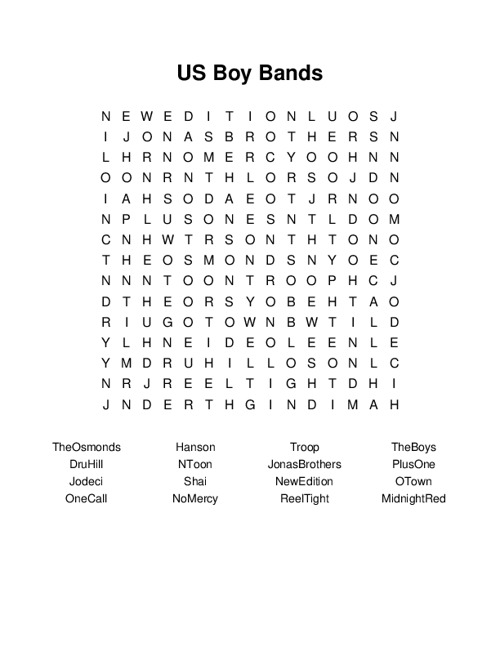 US Boy Bands Word Search Puzzle