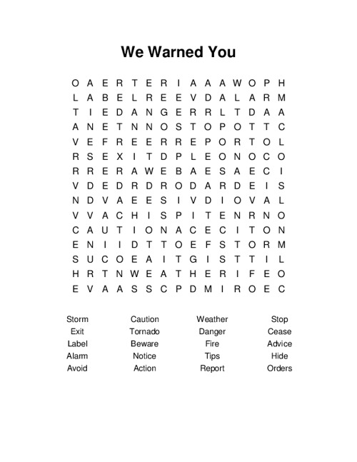 We Warned You Word Search Puzzle