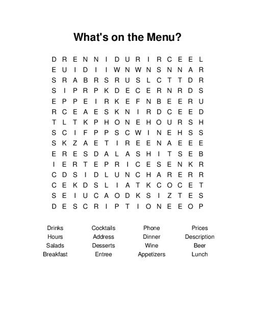 Whats on the Menu? Word Search Puzzle