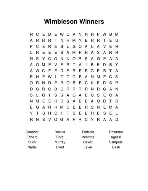 Wimbleson Winners Word Search Puzzle