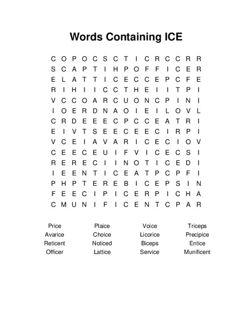 Words Containing ICE Word Search Puzzle