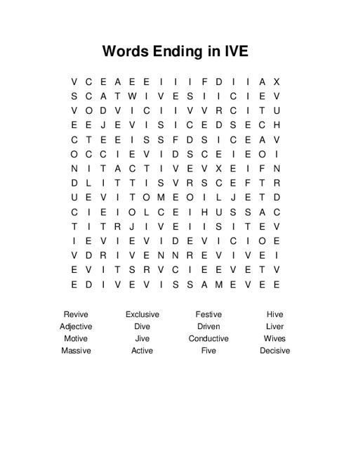 Words Ending in IVE Word Search Puzzle