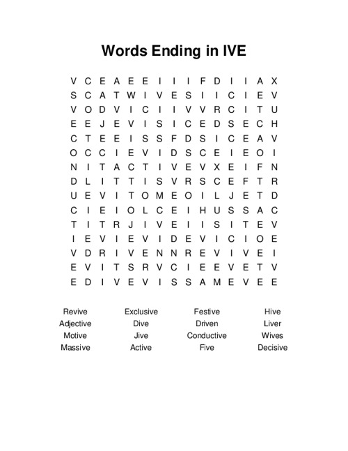 Words Ending In IVE Word Search