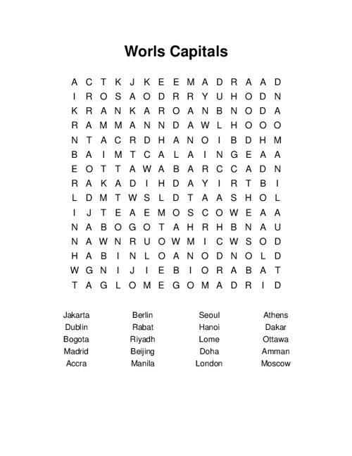Worls Capitals Word Search Puzzle
