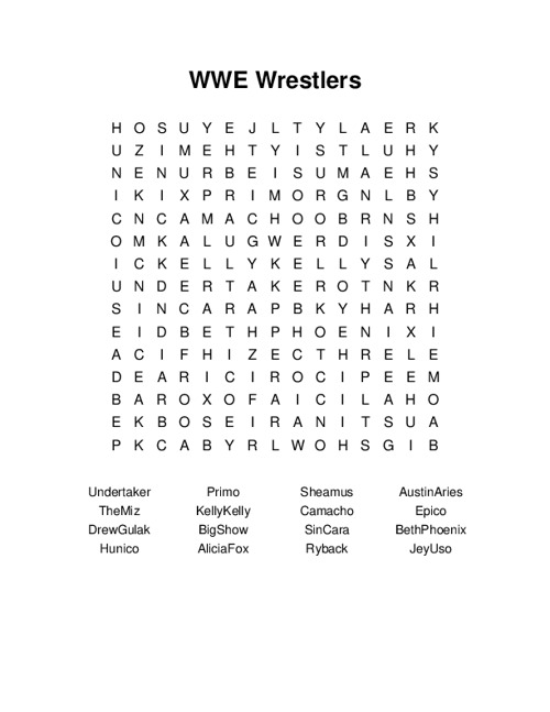 WWE Wrestlers Word Search Puzzle