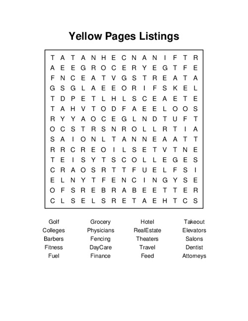 Yellow Pages Listings Word Search Puzzle