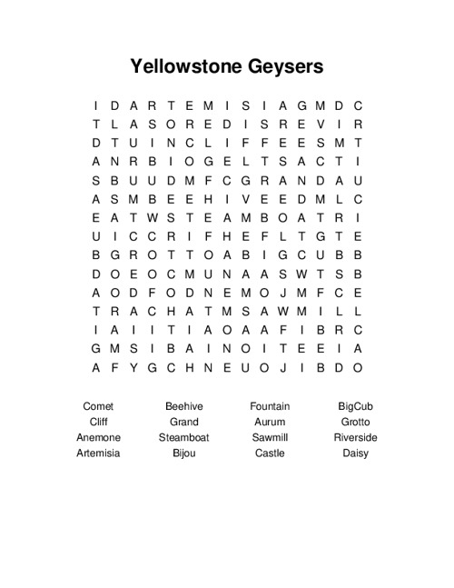 Yellowstone Geysers Word Search Puzzle