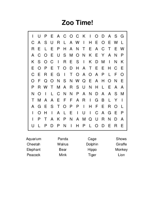 Zoo Time! Word Search Puzzle