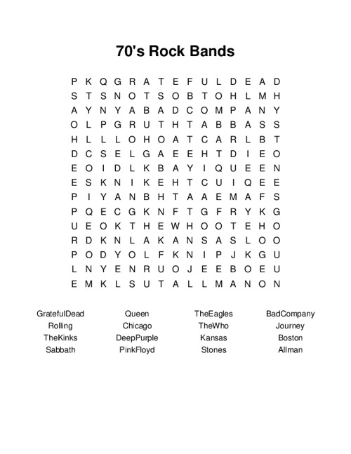 70s Rock Bands Word Search Puzzle