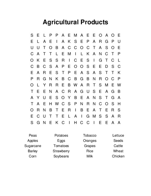 Agricultural Products Word Search Puzzle
