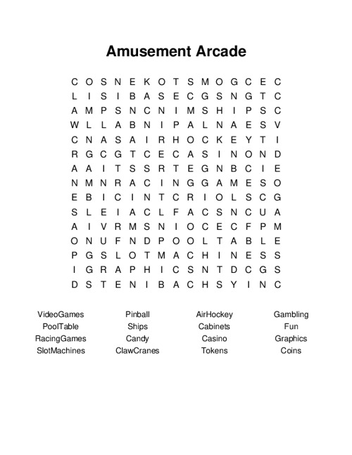 Amusement Arcade Word Search Puzzle