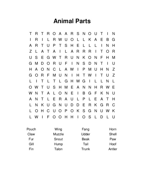 Animal Parts Word Search Puzzle