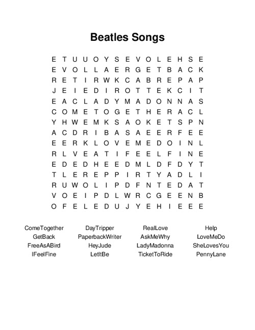 Beatles Songs Word Search Puzzle