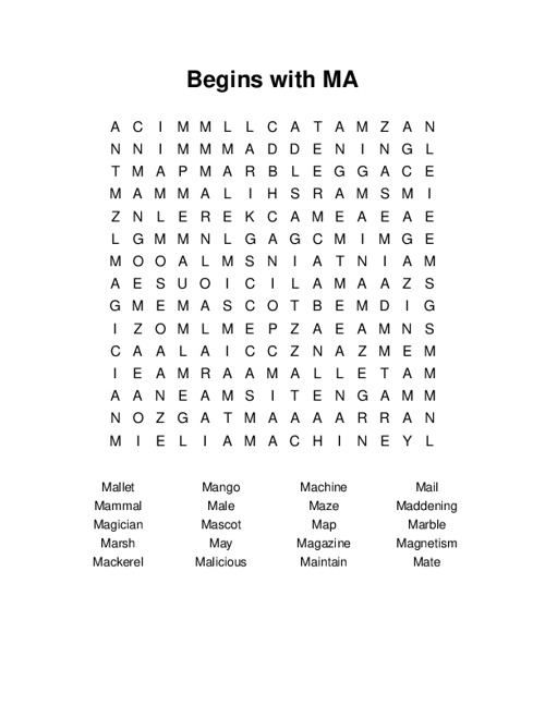 Begins with MA Word Search Puzzle