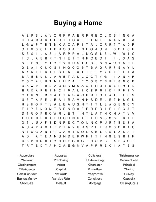 Buying a Home Word Search Puzzle