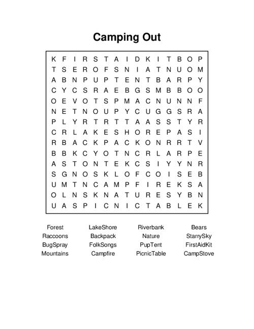 Camping Out Word Search Puzzle