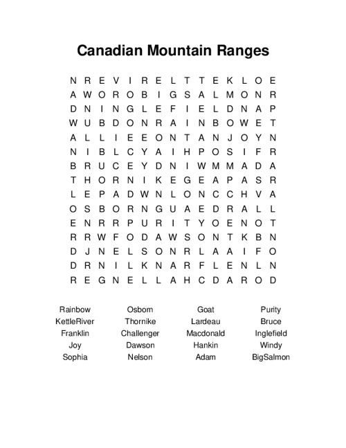 Canadian Mountain Ranges Word Search Puzzle