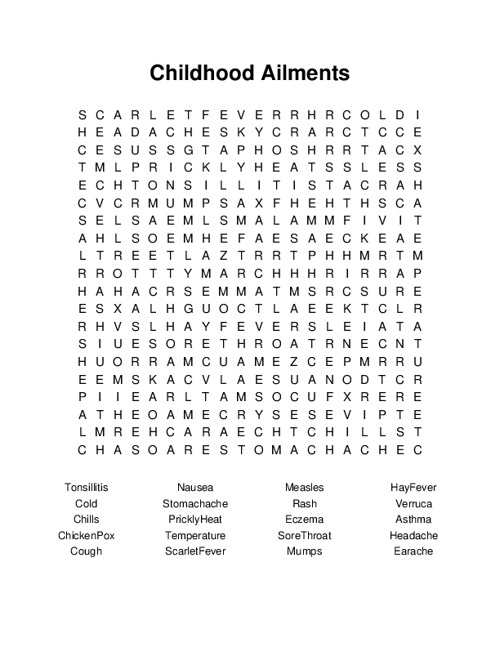 Childhood Ailments Word Search Puzzle