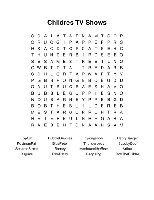 Childres TV Shows Word Search Puzzle