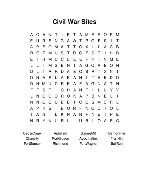 Civil War Sites Word Search Puzzle