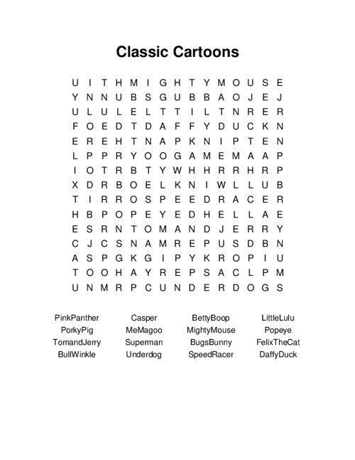 Classic Cartoons Word Search Puzzle