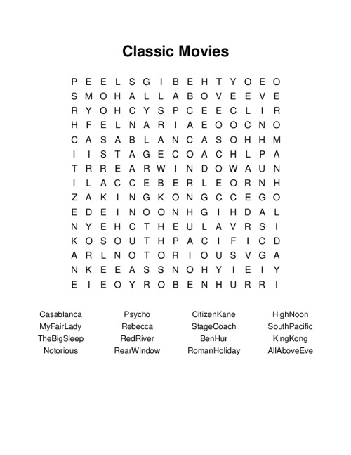 Classic Movies Word Search Puzzle