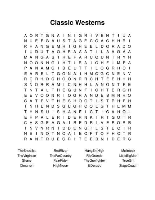 Classic Westerns Word Search Puzzle