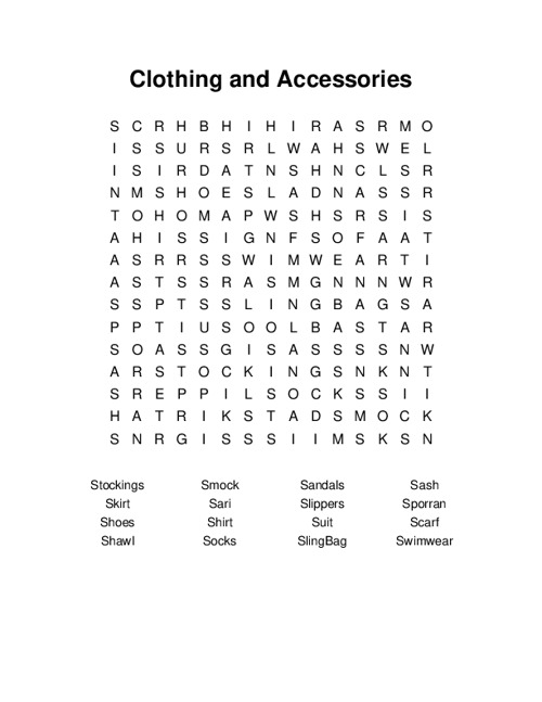Clothing and Accessories Word Search Puzzle