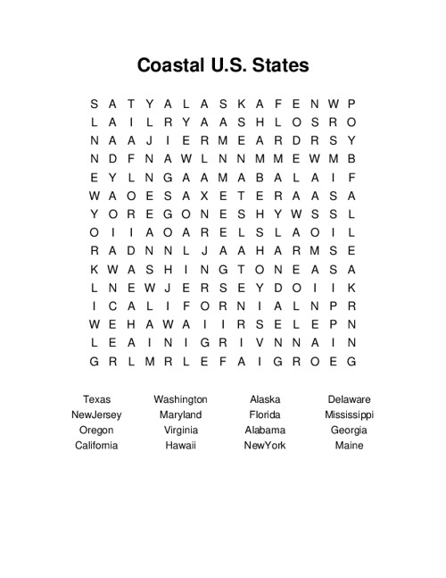 Coastal U.S. States Word Search Puzzle
