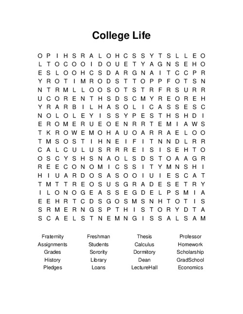 College Life Word Search Puzzle