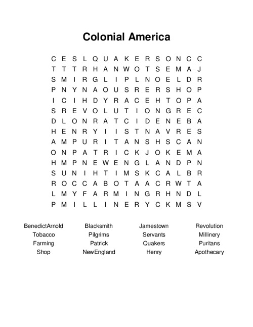 Colonial America Word Search