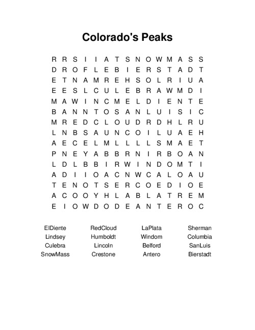 Colorados Peaks Word Search Puzzle