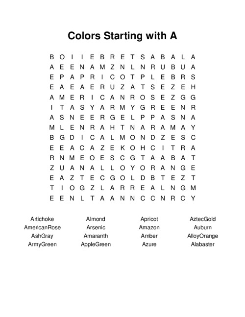 Colors Starting with A Word Search Puzzle