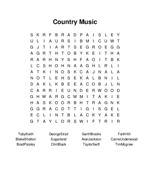 Country Music Word Search Puzzle