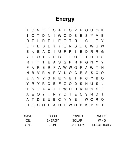 Energy Word Search Puzzle