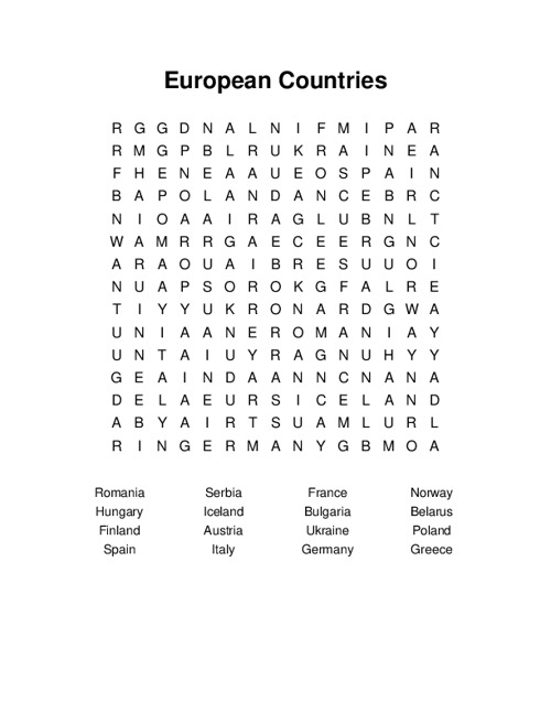European Countries Word Search Puzzle