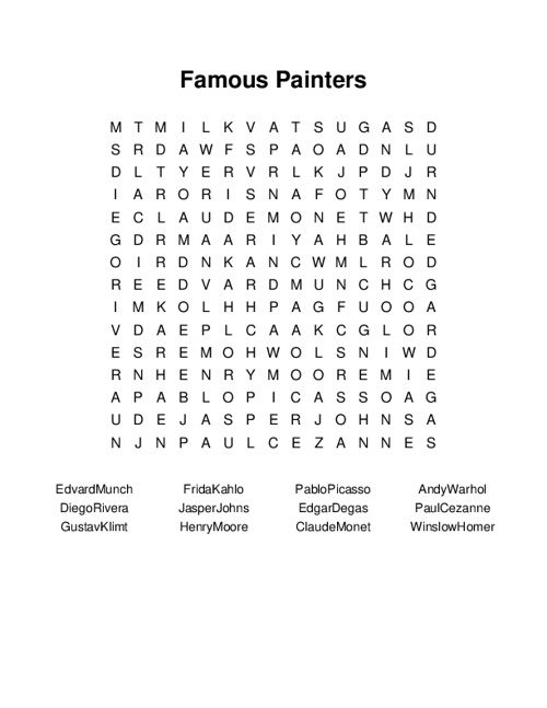 Famous Painters Word Search Puzzle