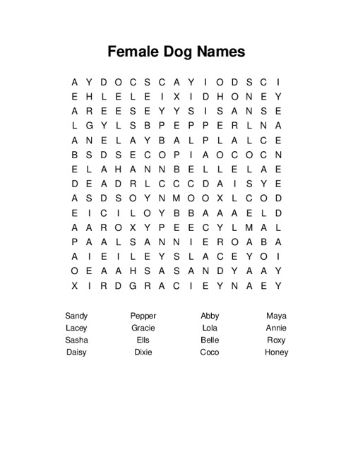 Female Dog Names Word Search Puzzle