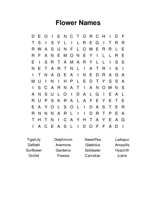 Flower Names Word Search Puzzle