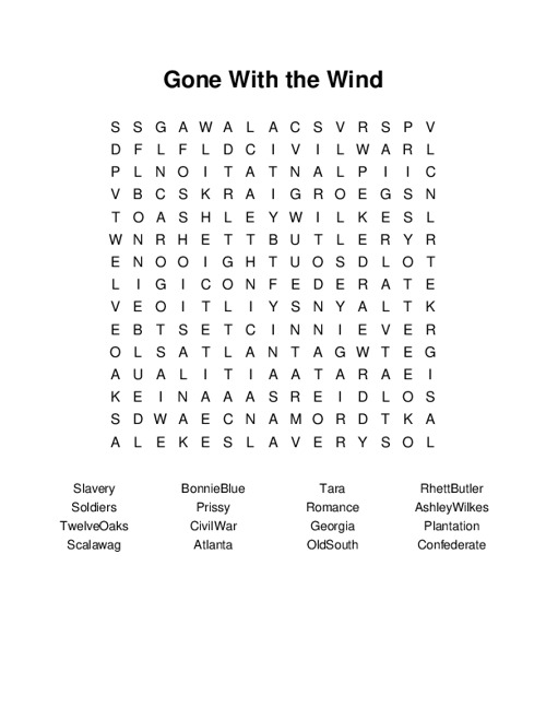 Gone With the Wind Word Search Puzzle