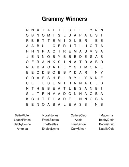 Grammy Winners Word Search Puzzle