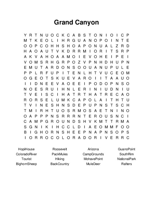 Grand Canyon Word Search Puzzle