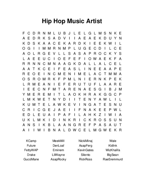Hip Hop Music Artist Word Search Puzzle