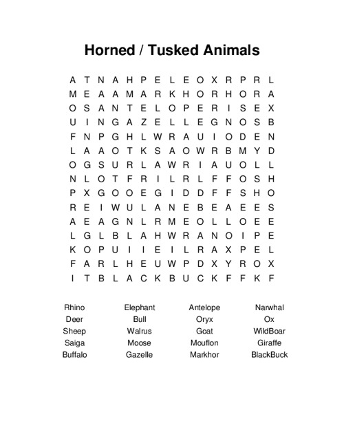 Horned / Tusked Animals Word Search Puzzle