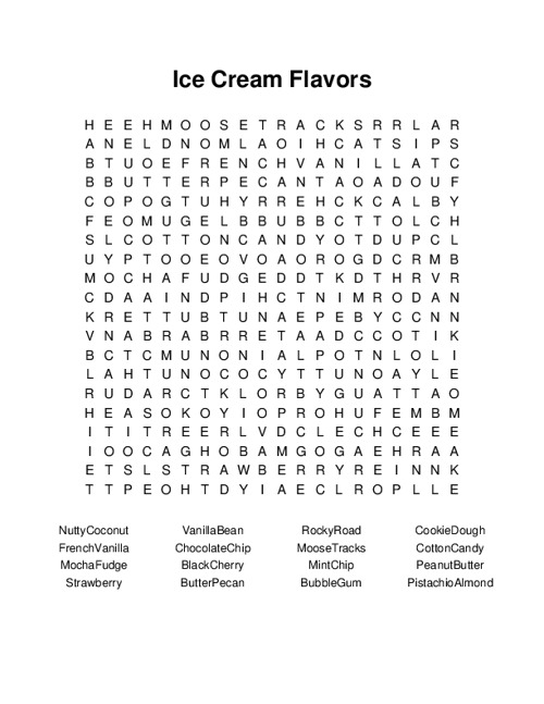 Ice Cream Flavors Word Search Puzzle