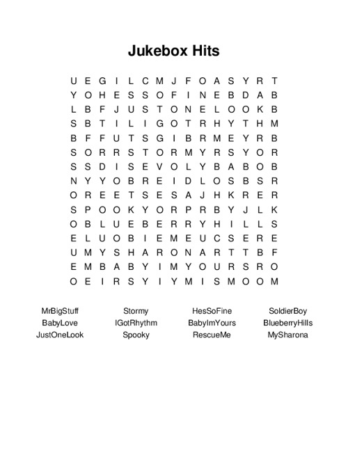 Jukebox Hits Word Search Puzzle