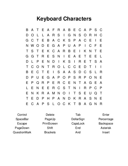 Keyboard Characters Word Search Puzzle