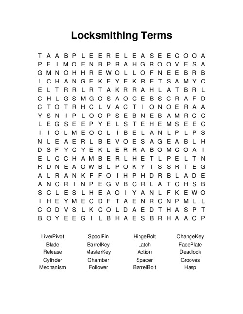 Locksmithing Terms Word Search Puzzle