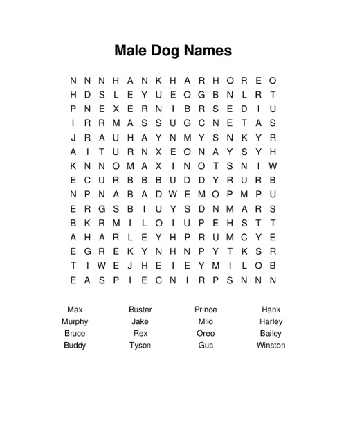 Male Dog Names Word Search Puzzle