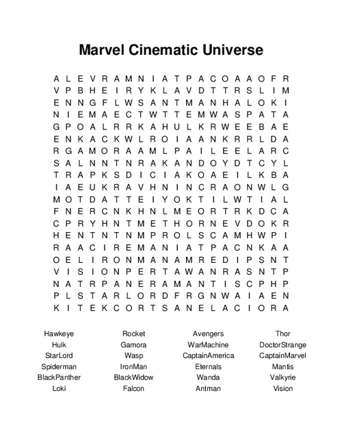 Marvel Cinematic Universe Word Search Puzzle